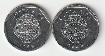 5  colones   1983 - 89   Costa Rica. km. 214.1 ( 0,40 euro ), Ophalen of Verzenden, Noord-Amerika, Losse munt