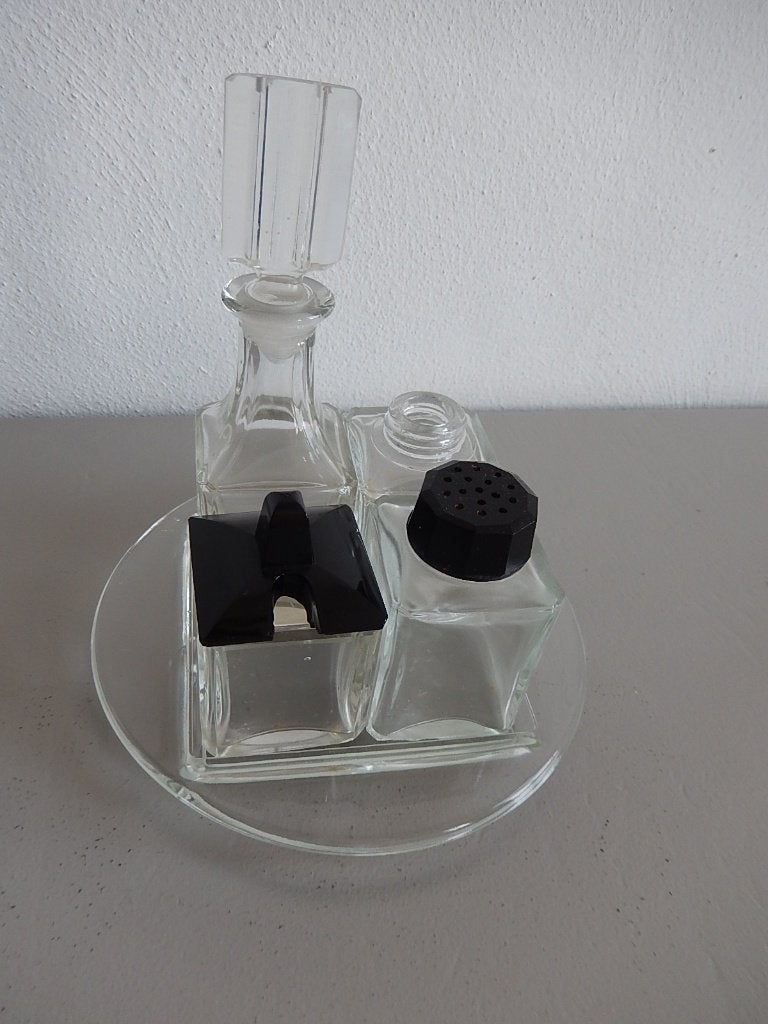 Art Deco tafel set azijn mosterd zout peper, Verzenden
