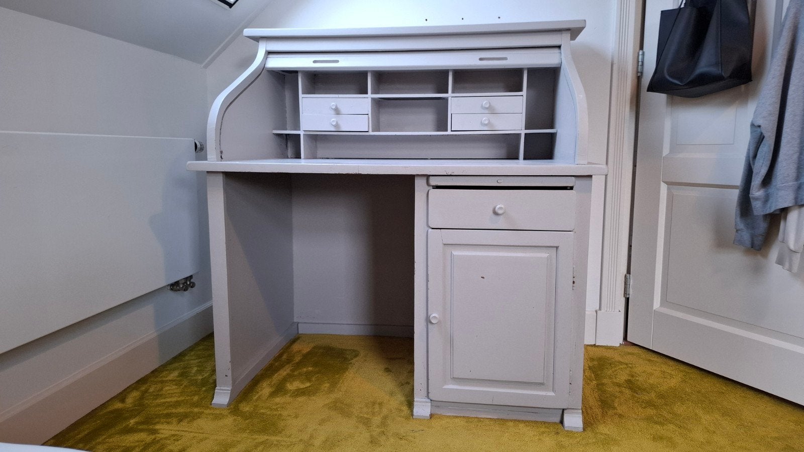 Vintage Secretaire Bureau met Rolluik - Grijs, Huis en Inrichting, Bureaus, Ophalen, Met lades, Gebruikt, Hout