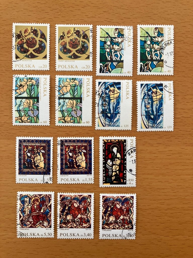 14 Postzegels Gebrandschilderde ramen, Postzegels en Munten, Ophalen of Verzenden, Polen, Gestempeld