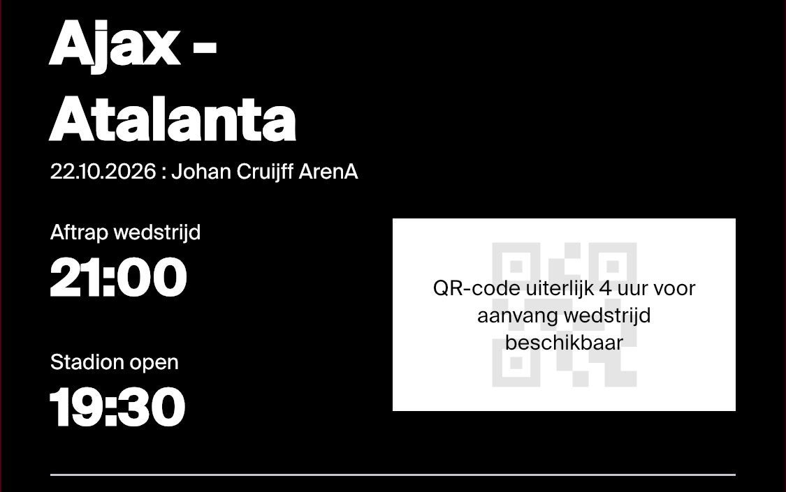 AJAX - ATALANTA | 22 oktober 2026 | 1 kaartje | Vak 423, Tickets en Kaartjes, Losse kaart, Eén persoon, Oktober