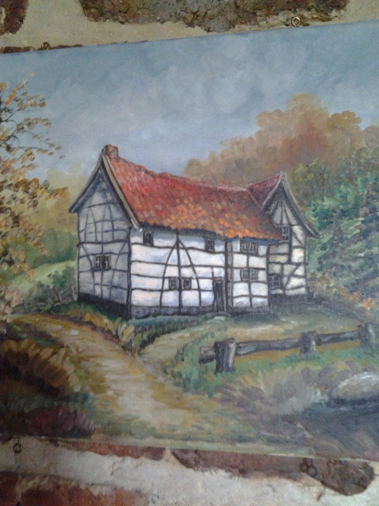 Olieverfschilderij Vakwerkhuisje, Antiek en Kunst, Kunst | Schilderijen | Klassiek, Doek, Oud hollands, Ophalen of Verzenden, Landschap