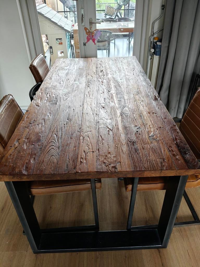 Robuuste Teakhouten Eettafel 180x90 - Industriële Stijl, Huis en Inrichting, Tafels | Eettafels, Teakhout, 150 tot 200 cm, Rechthoekig
