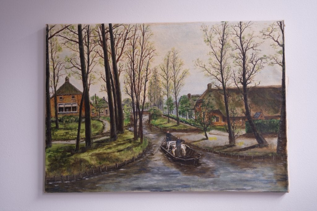 Schilderij Dorpsgezicht Boeren op Boot, Ophalen of Verzenden, Landschap