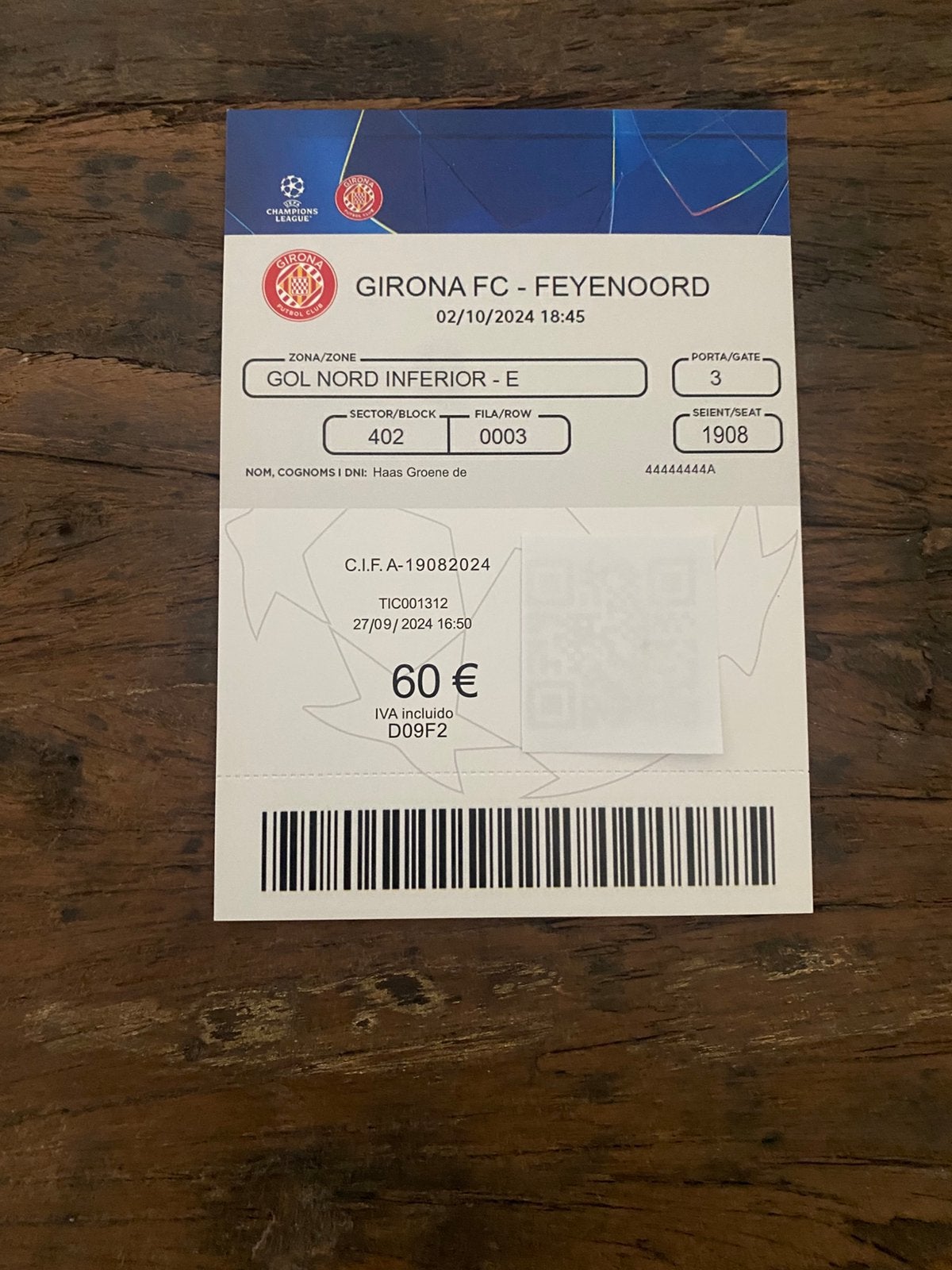 Kaartje Girona -Feyenoord, Verzenden, Zo goed als nieuw, Feyenoord, Poster, Plaatje of Sticker