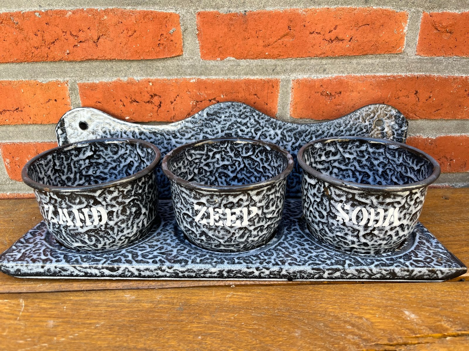 Vintage emaille zand, zeep, soda set - grijs gespikkeld, Antiek en Kunst, Antiek | Emaille, Ophalen
