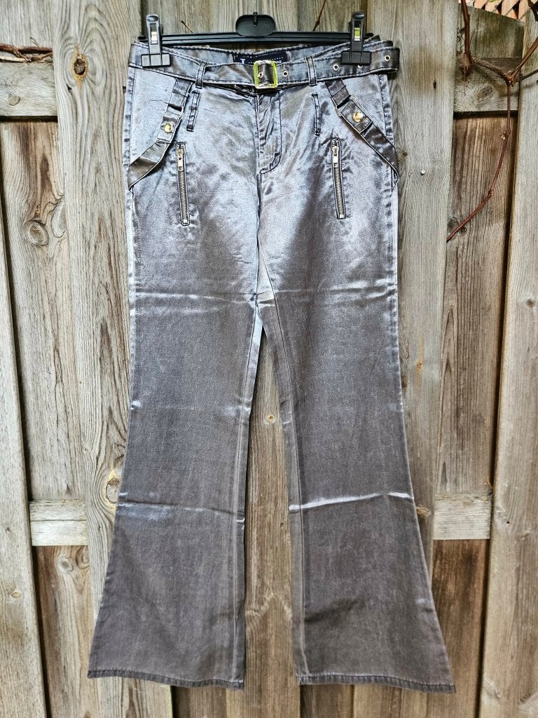 Glanzende zilveren flared broek, Ophalen of Verzenden, Zo goed als nieuw, Lang, Zilver