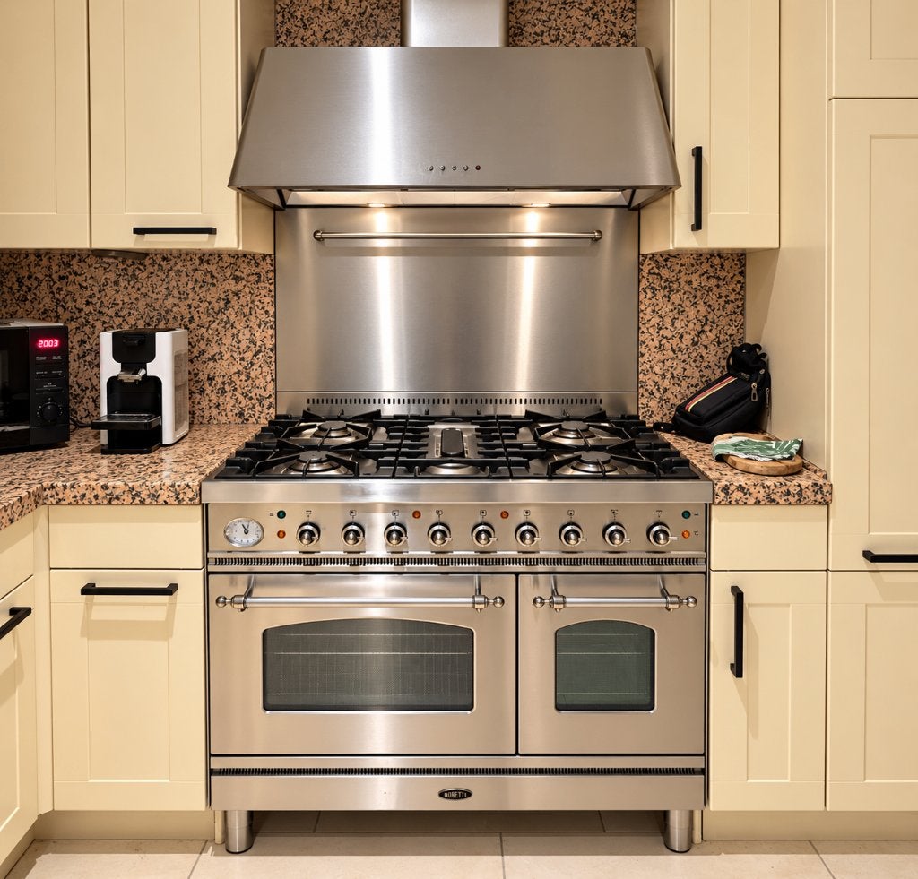 Boretti gasfornuis 90 cm – dubbele oven + RVS afzuigkap, Ophalen, Gebruikt, 60 cm of meer, Gas