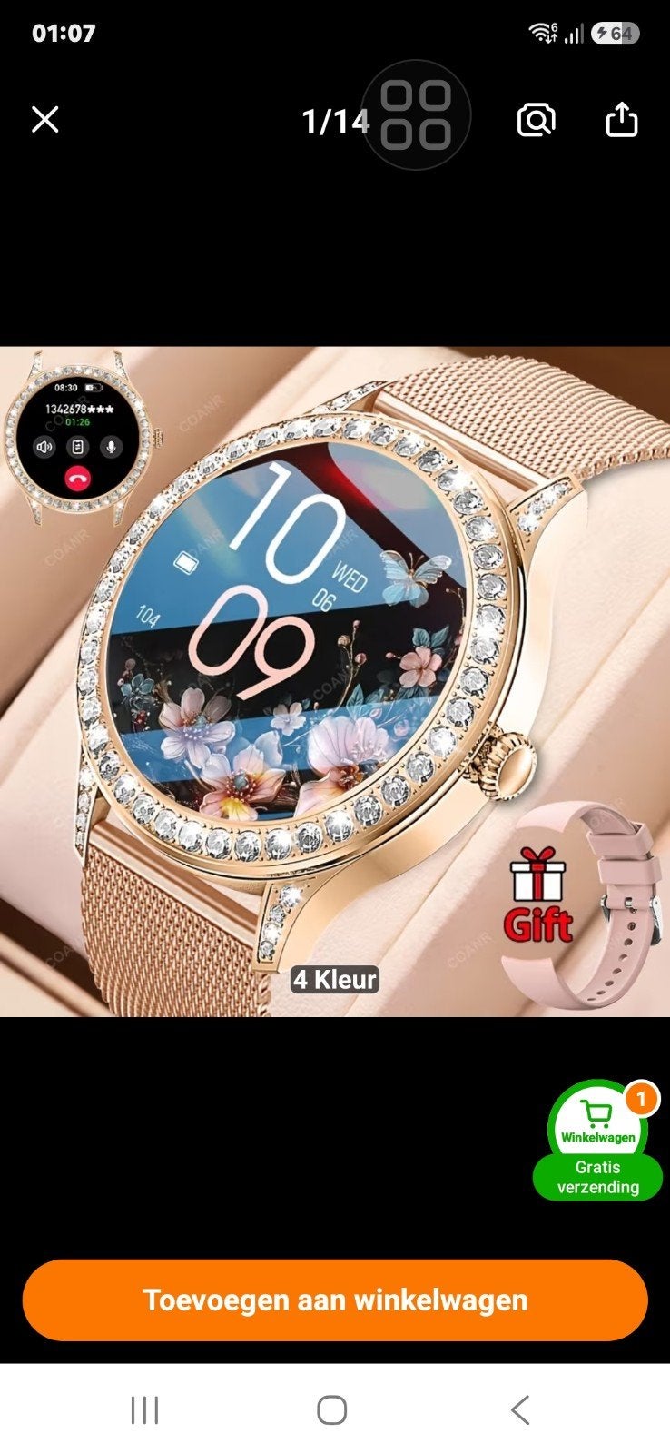 Stijlvolle Smartwatch met Strass en Extra Bandje, Ophalen of Verzenden, Zo goed als nieuw, Roze, Android