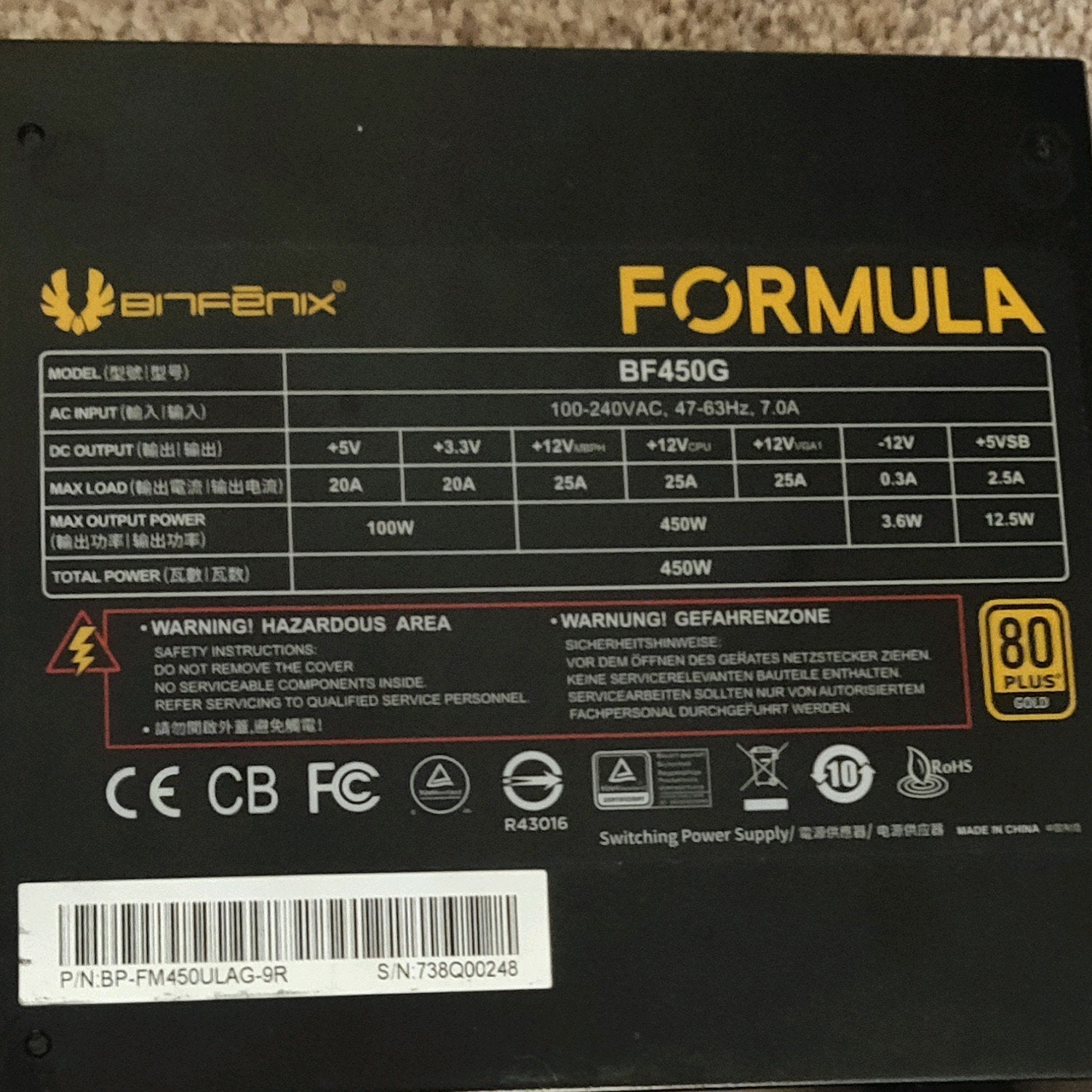 PSU/voeding: BitFenix Formula Gold 450W, Ophalen of Verzenden, Gebruikt