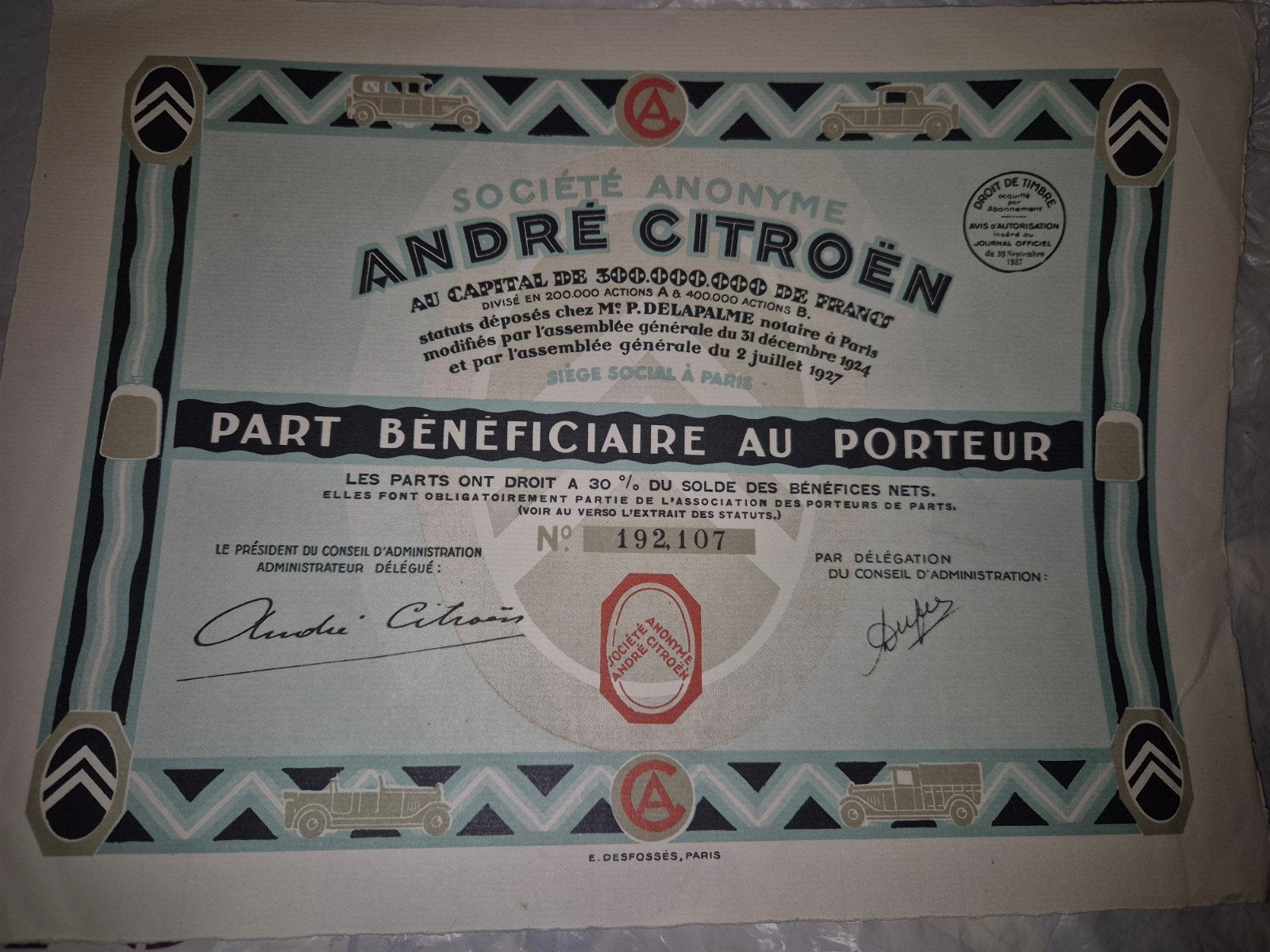CITROEN AANDEEL UIT 1927, Ophalen of Verzenden