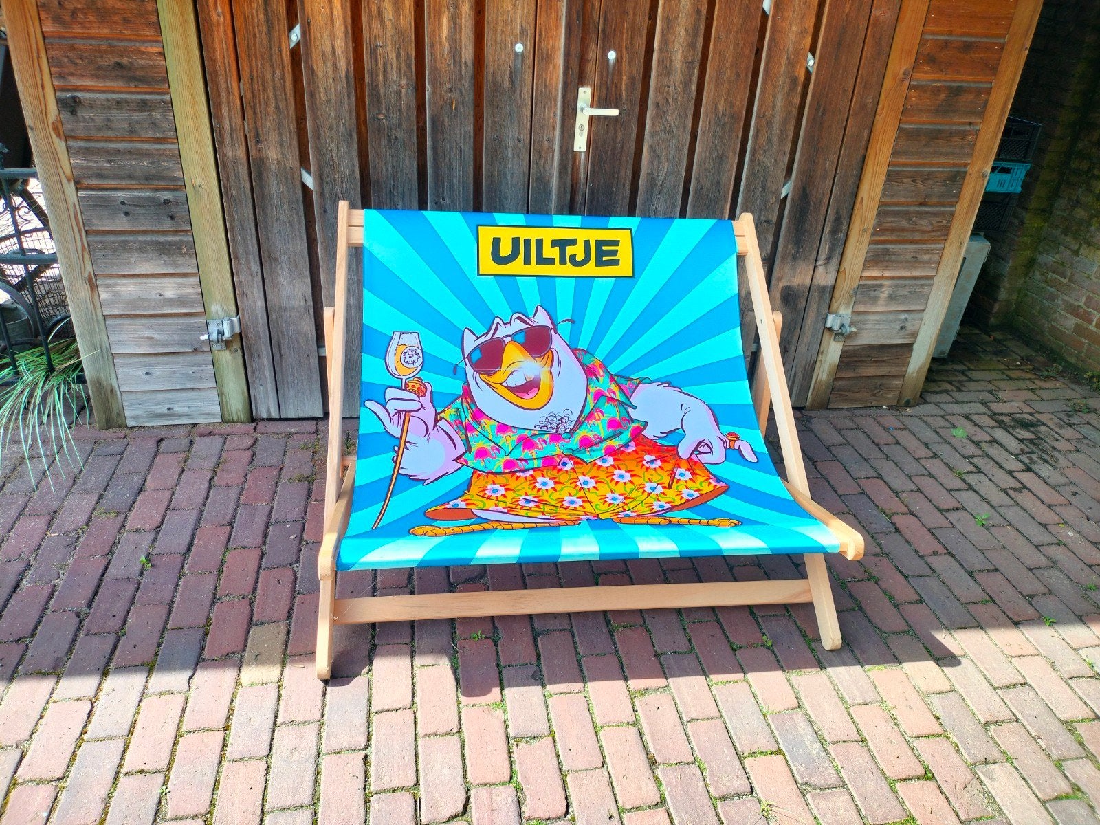 Leuke strandstoel met Uiltje bier print, Ophalen, Zo goed als nieuw, Hout, Verstelbaar