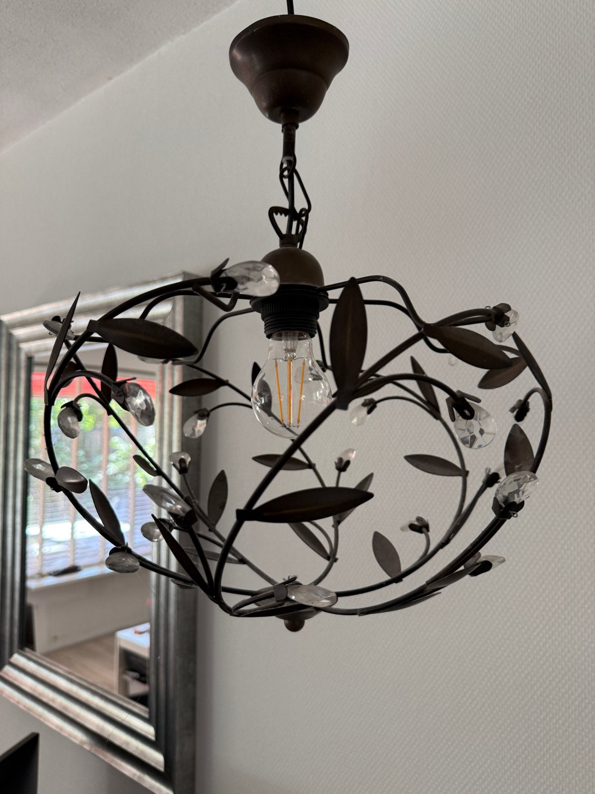 Decoratieve hanglamp met bladeren en kristallen, Ophalen, Gebruikt, Metaal, E27 (groot)