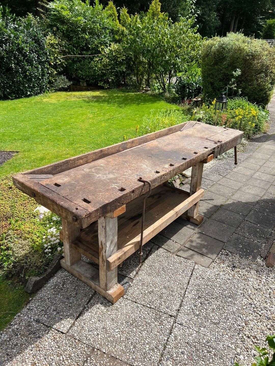 Werkelijk prachtige antieke vintage robuuste werkbank 258cm, Ophalen, Overige materialen, 200 cm of meer, Zo goed als nieuw