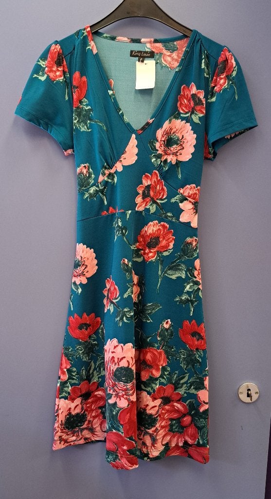 King Louie zee blauwe jurk met fuchsia bloemen maat S 49397