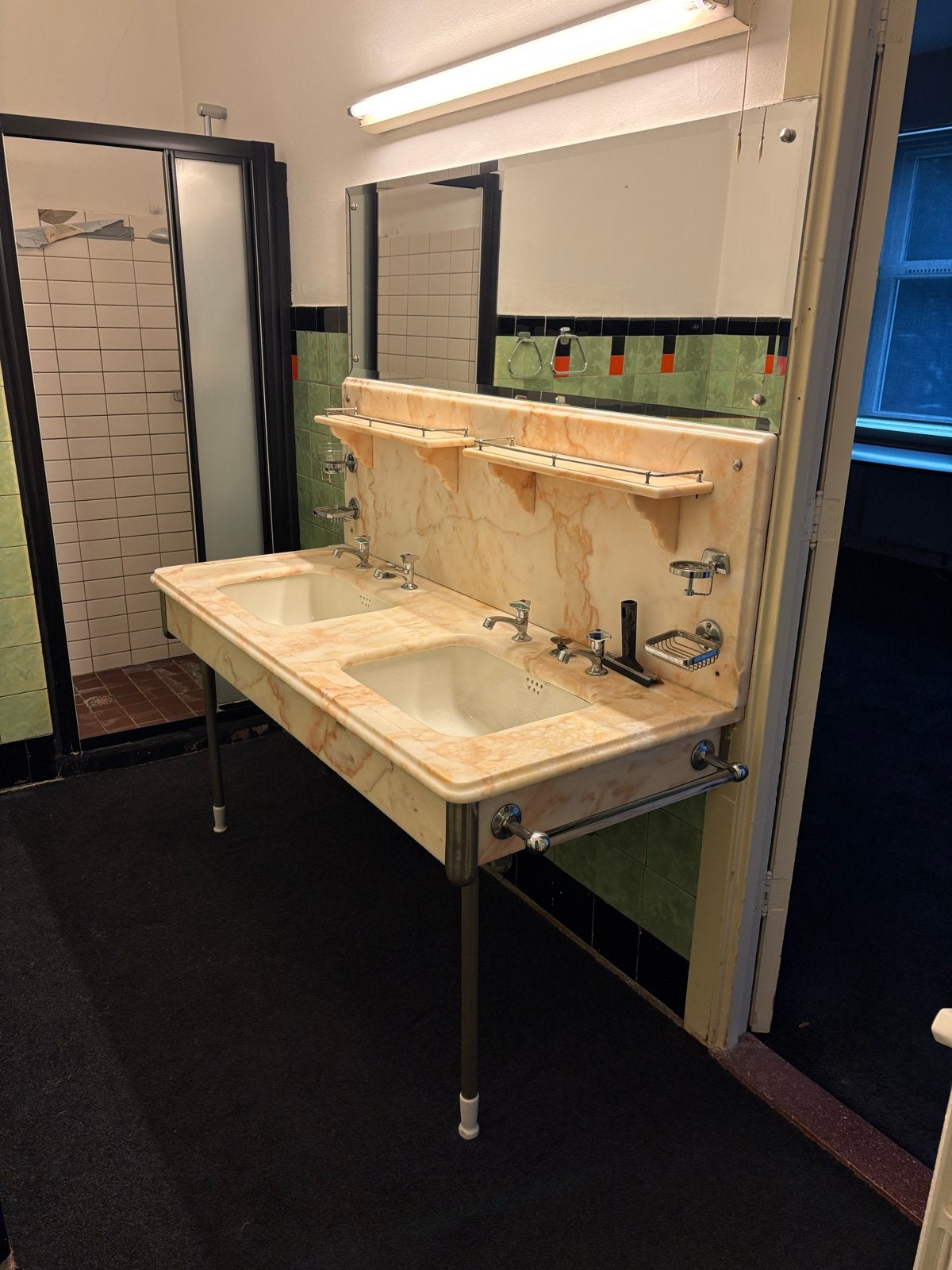 Vintage dubbele wastafel met marmeren blad, Ophalen, Gebruikt, Steen, Wastafel