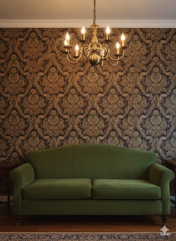 14212 vintage barok behang donkerbruin mosgroen beige swiet, Verzenden, Minder dan 10 m², Beige