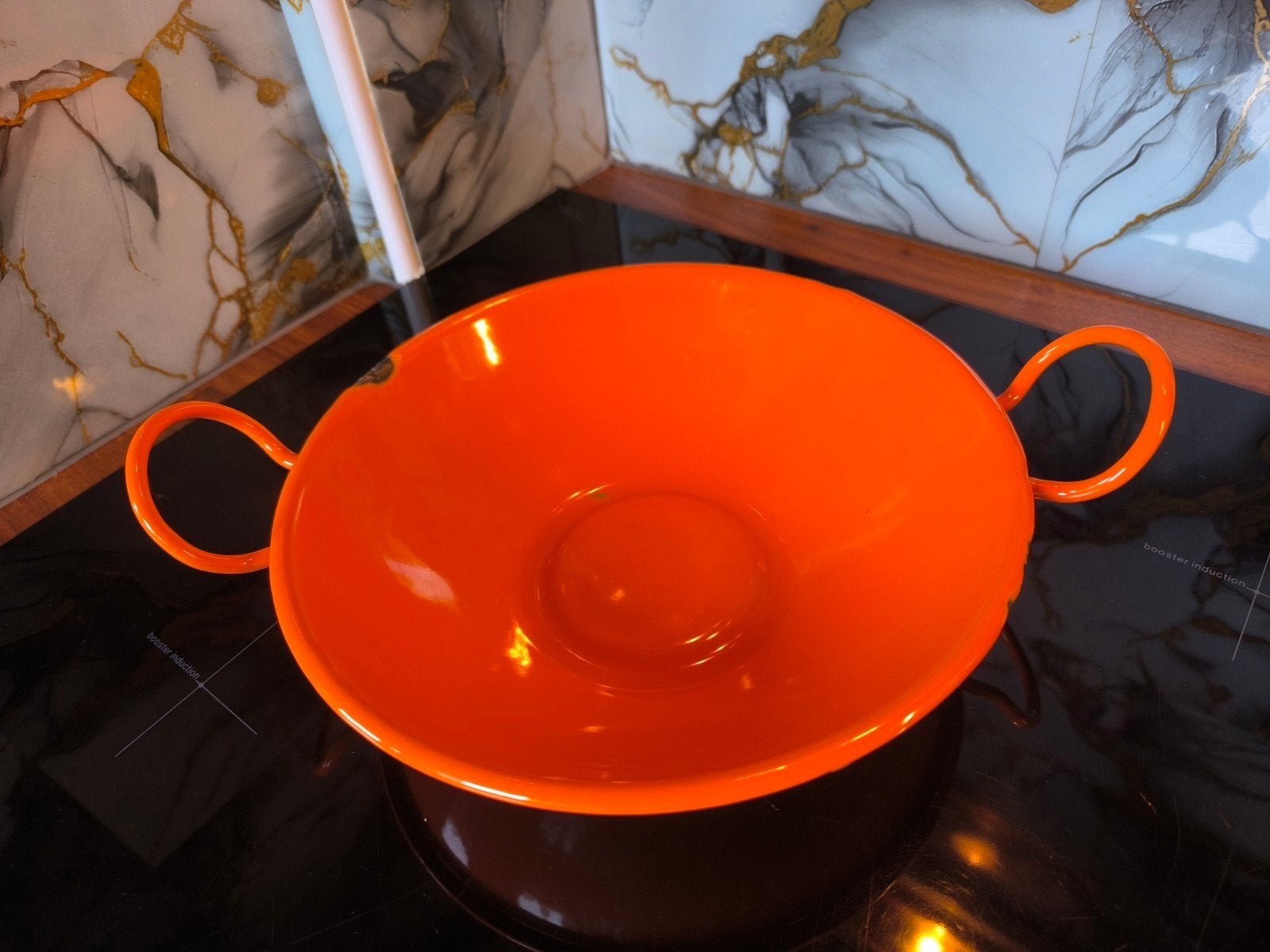 Vintage oranje emaille schaal / pan met handgrepen, Ophalen of Verzenden