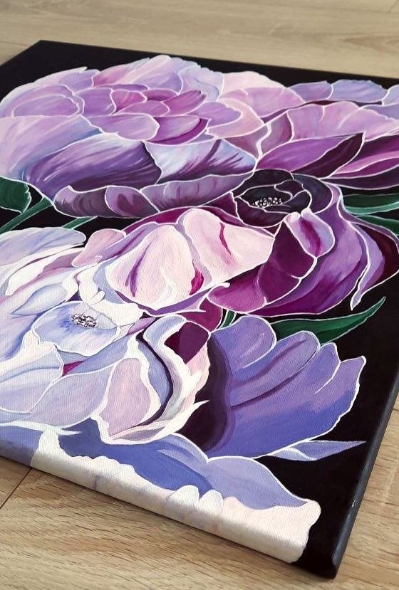 Nieuw handgeschilderd schilderij in paars & roze, Ophalen of Verzenden