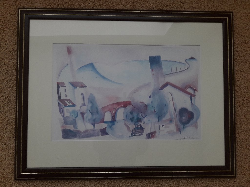 Litho / Prent met een dorpje, modern geschilderd, Ophalen