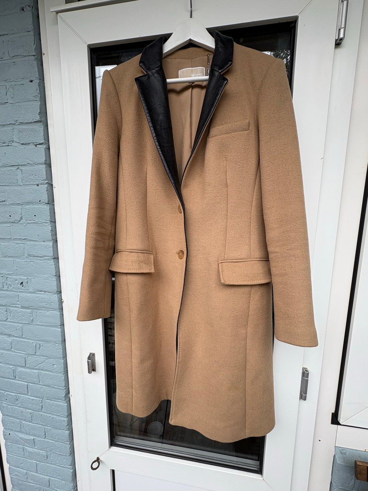 Michael Kors wollen jas met leren kraag, Ophalen of Verzenden, Gedragen, Maat 38/40 (M), Bruin