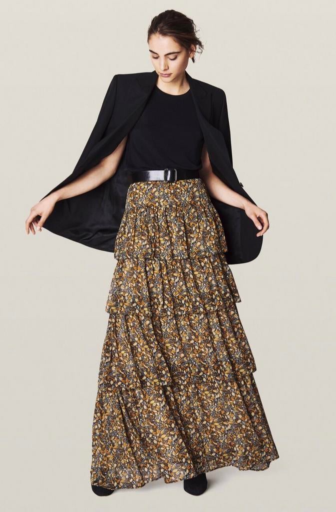 BA&SH Maxi Skirt Rok Floral Print Layered Boho Bohemian S-M, Bruin, Ophalen of Verzenden, Zo goed als nieuw, Maat 36 (S)