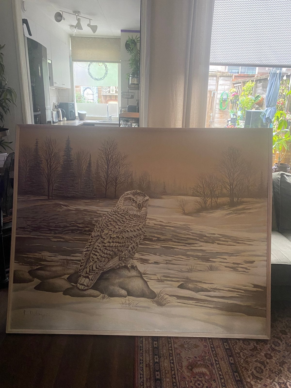 Schilderij 155 x 125 cm sneeuwuil, Huis en Inrichting, Ophalen, Gebruikt