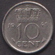 10 cent.1948 nikkel  ADV. no.37 S., Verzenden, Koningin Wilhelmina, 10 cent, Losse munt
