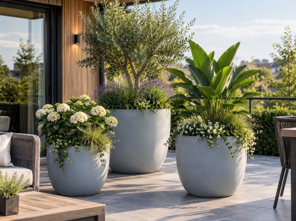 Grote ronde bloempotten Fiberstone grijs terras 3 maten