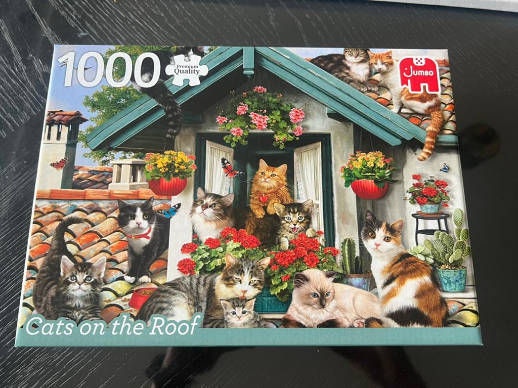 Cats on the Roof - jumbo katten puzzel 1000 stukjes, Ophalen of Verzenden, 500 t/m 1500 stukjes, Zo goed als nieuw, Legpuzzel