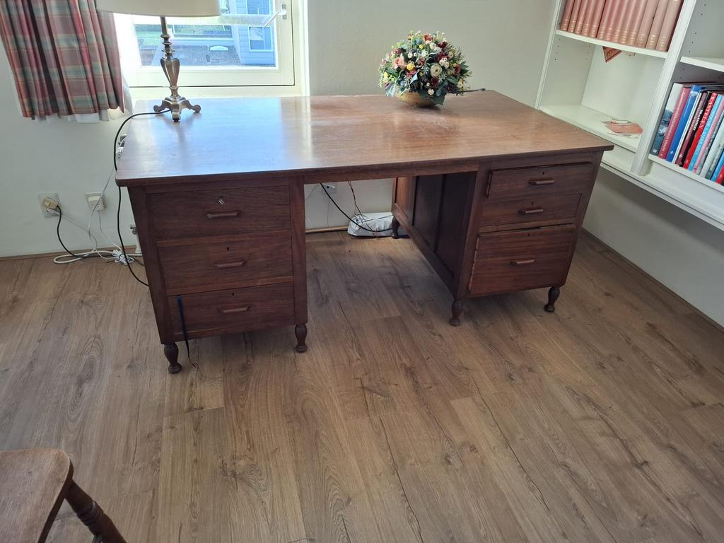 Prima houten bureau 170 bij 92, Ophalen, Gebruikt, Bruin, Bureau-kast combinatie