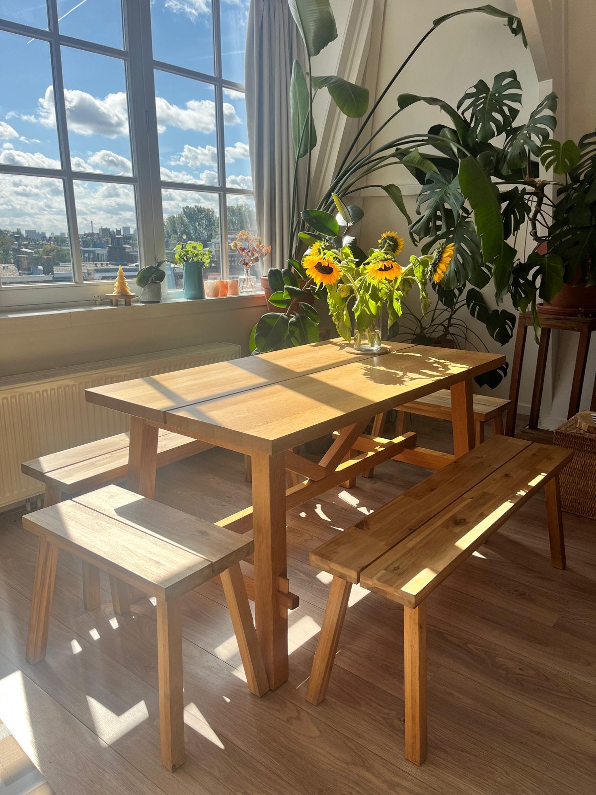 Houten eettafel met bankjes - ideaal voor gezinnen, Ophalen, Gebruikt, 100 tot 150 cm, 50 tot 100 cm