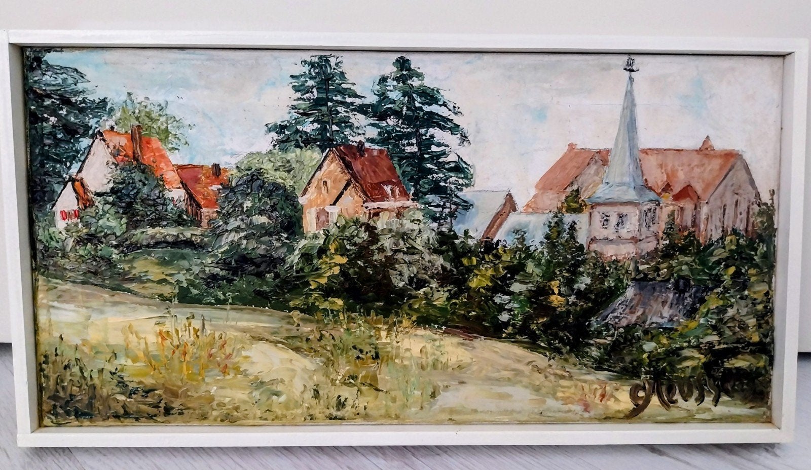 Schilderij  acrylverf - Dorpsgezicht met kerk, Ophalen of Verzenden