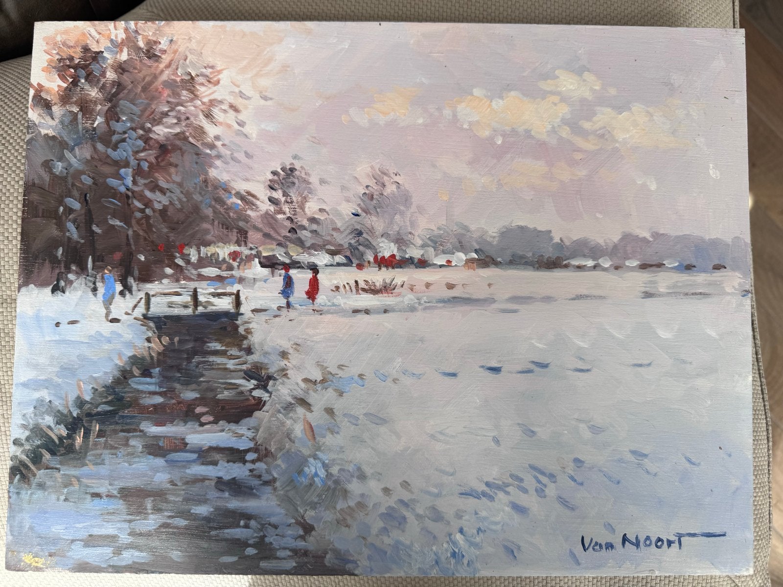 Van Noort: Winters tafereel in Bloemendaal op paneel, Paneel, Realistisch, Ophalen of Verzenden, Gesigneerd
