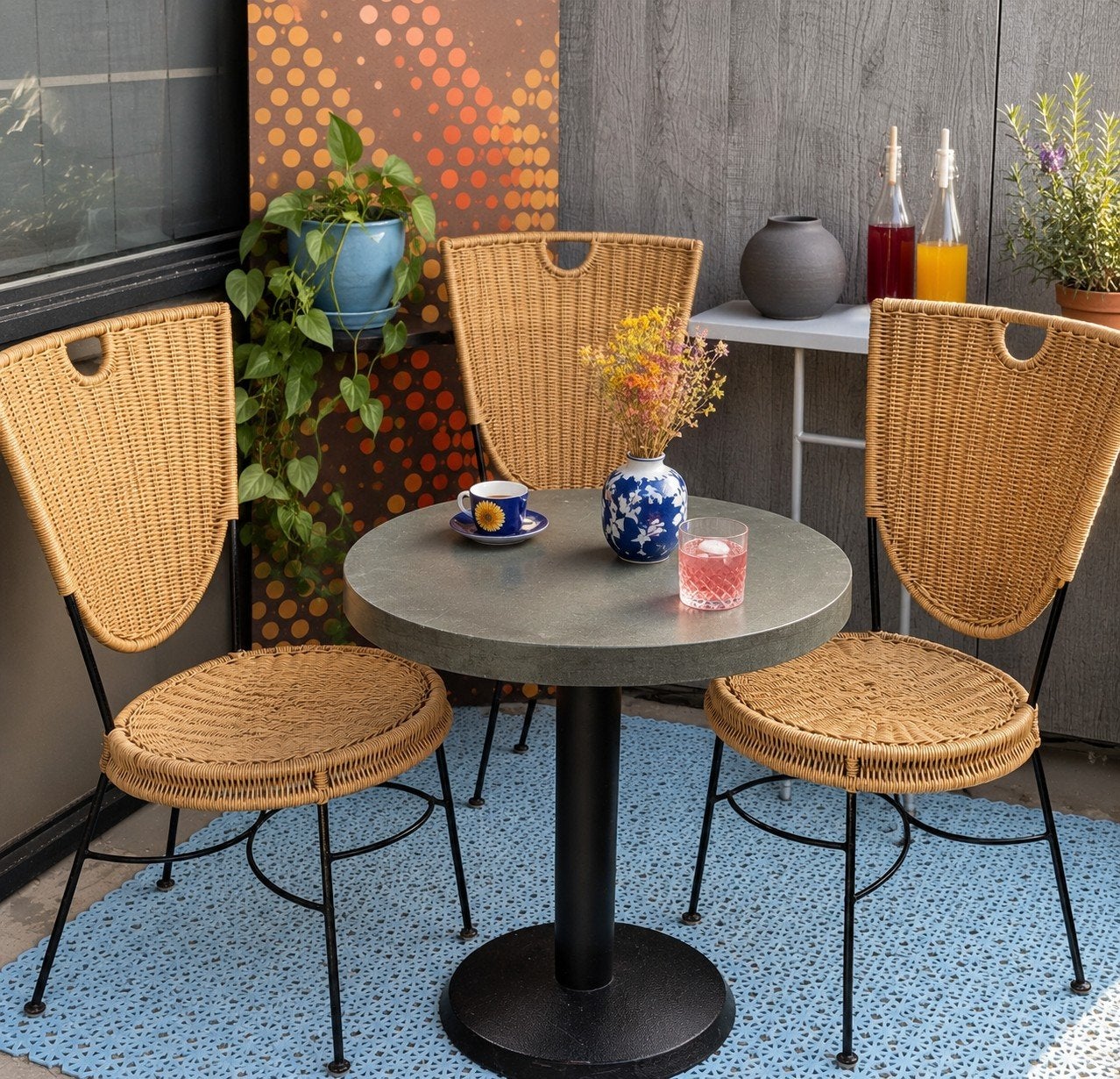 Bistro zit met rieten stoelen vintage, Huis en Inrichting, Stoelen, Ophalen, Overige kleuren, Drie, Riet of Rotan