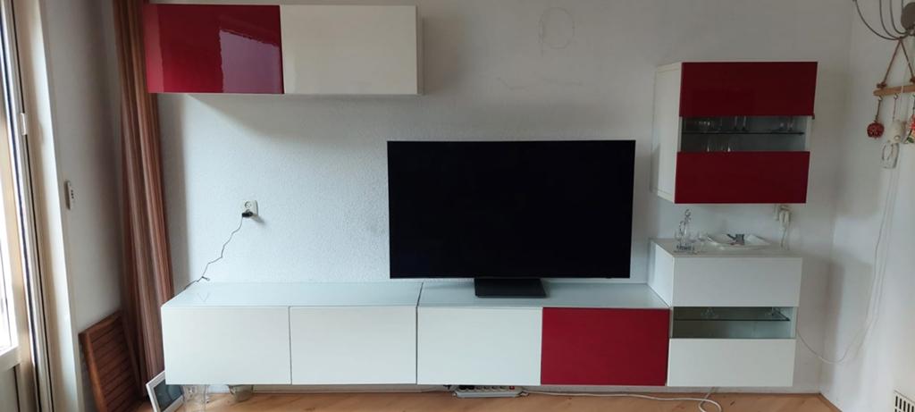 Moderne TV-meubel en wandkasten set rood/wit, Overige materialen, Gebruikt, 100 tot 150 cm, Ophalen of Verzenden