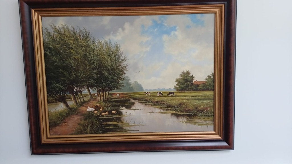 H van Elshout schilderij landschap met eenden en koeien, Ophalen