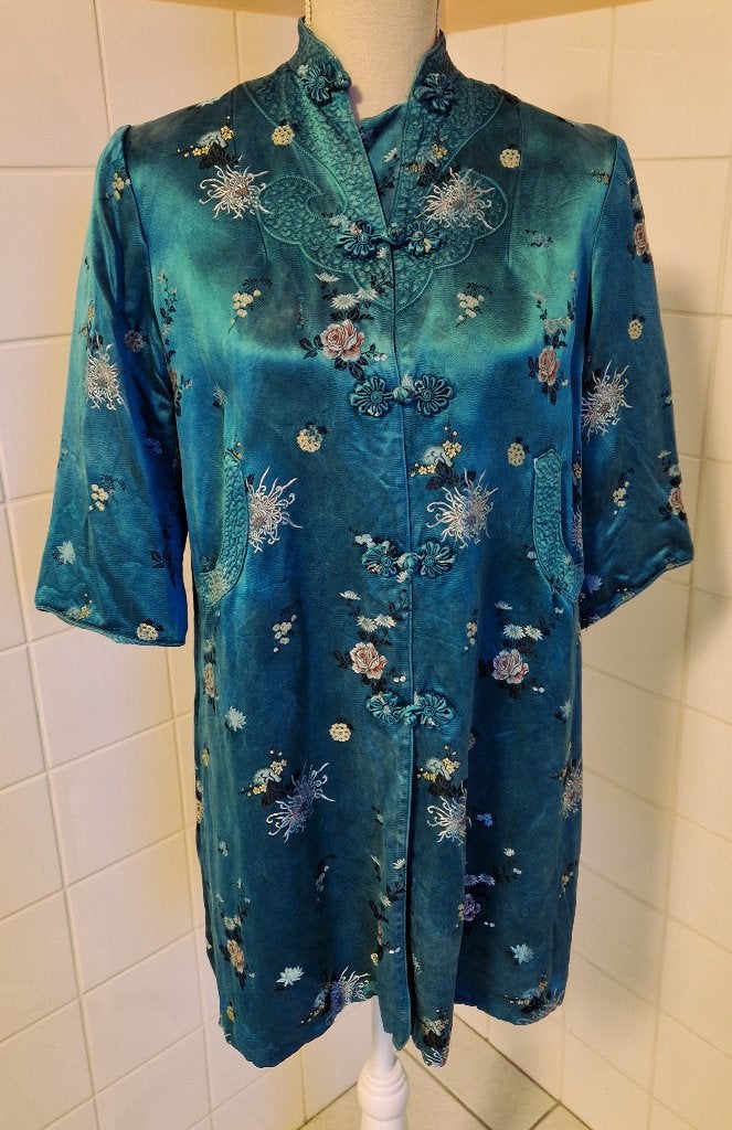 Vintage Chinees zijden damesjasje turquoise/petrol, Kleding | Dames, Verzenden, Zo goed als nieuw, Jasje, Maat 36 (S)
