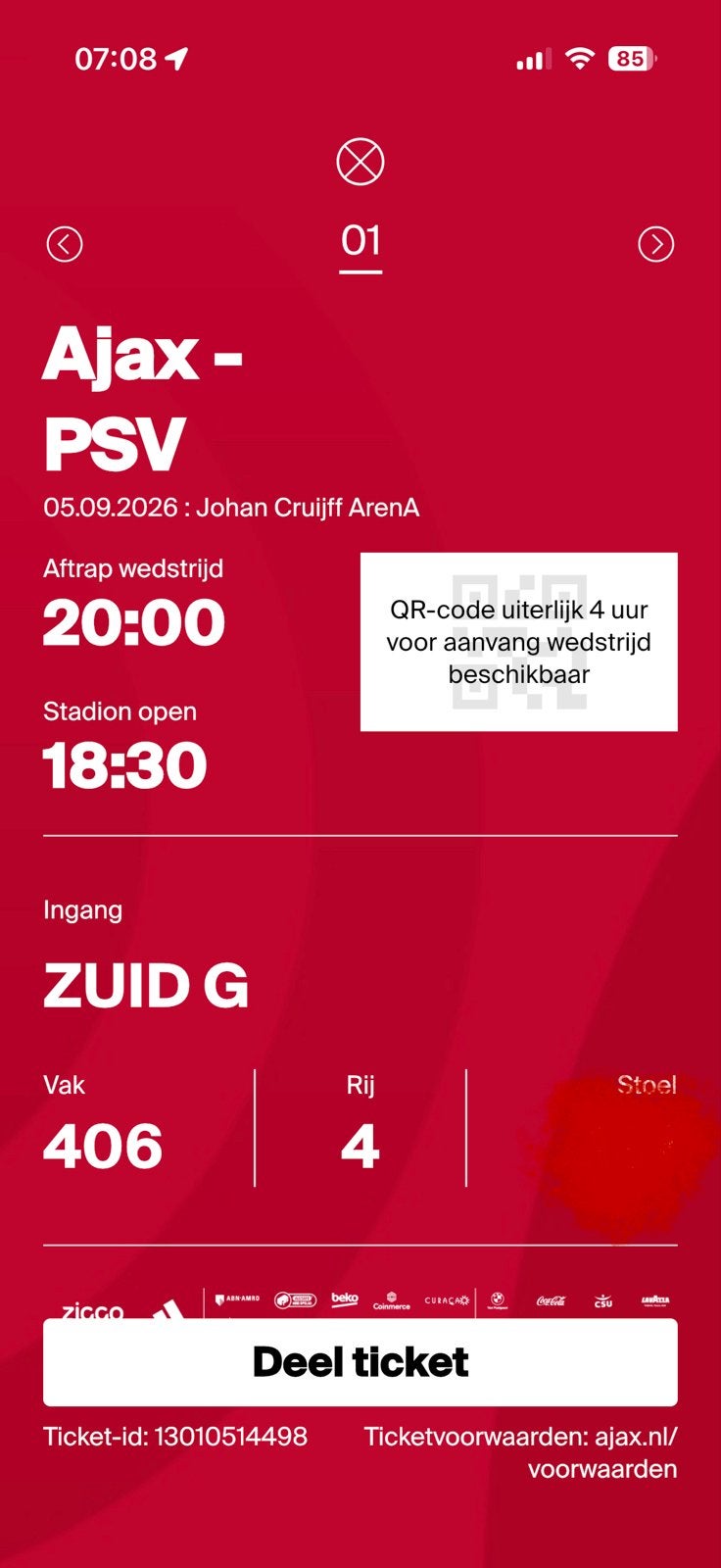 Ajax-psv 1 kaart, Tickets en Kaartjes, Eén persoon, Februari