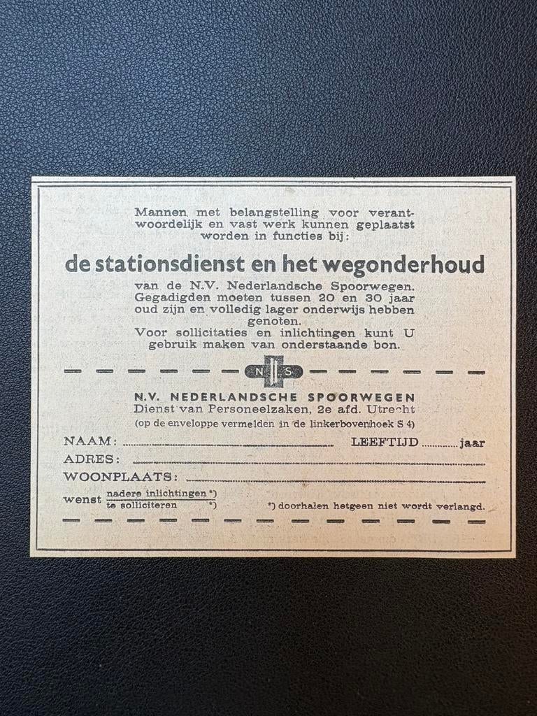 Oude vacature NS ‘Stationsdienst’ (1959), Verzamelen, Ophalen of Verzenden, Gebruikt, Trein
