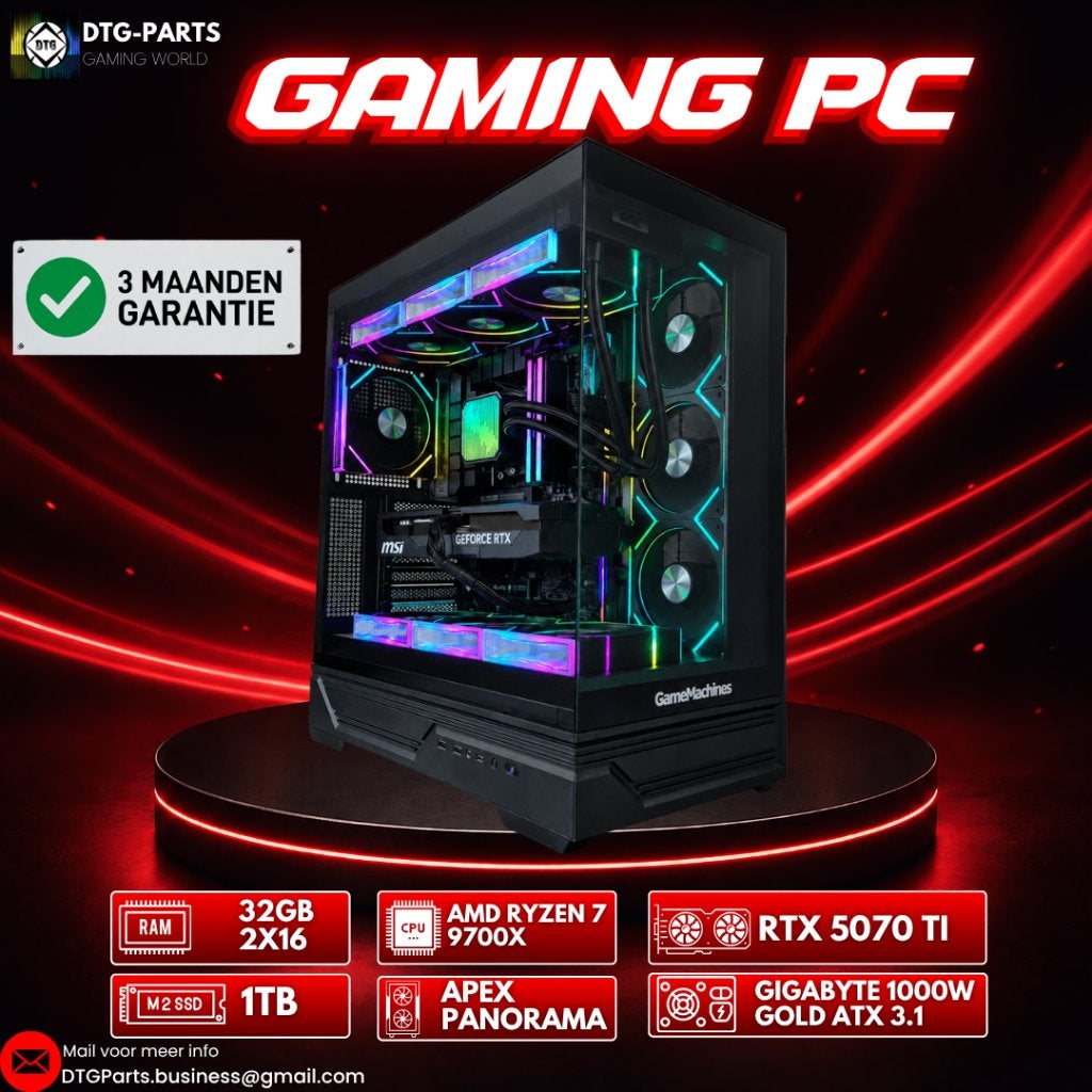 Gaming PC // RTX 5070 ti & AMD Ryzen 7 9700X & 32GB, 7604 HM, 32 GB, DTGParts.Business@gmail.com, Zelf gebouwde pc