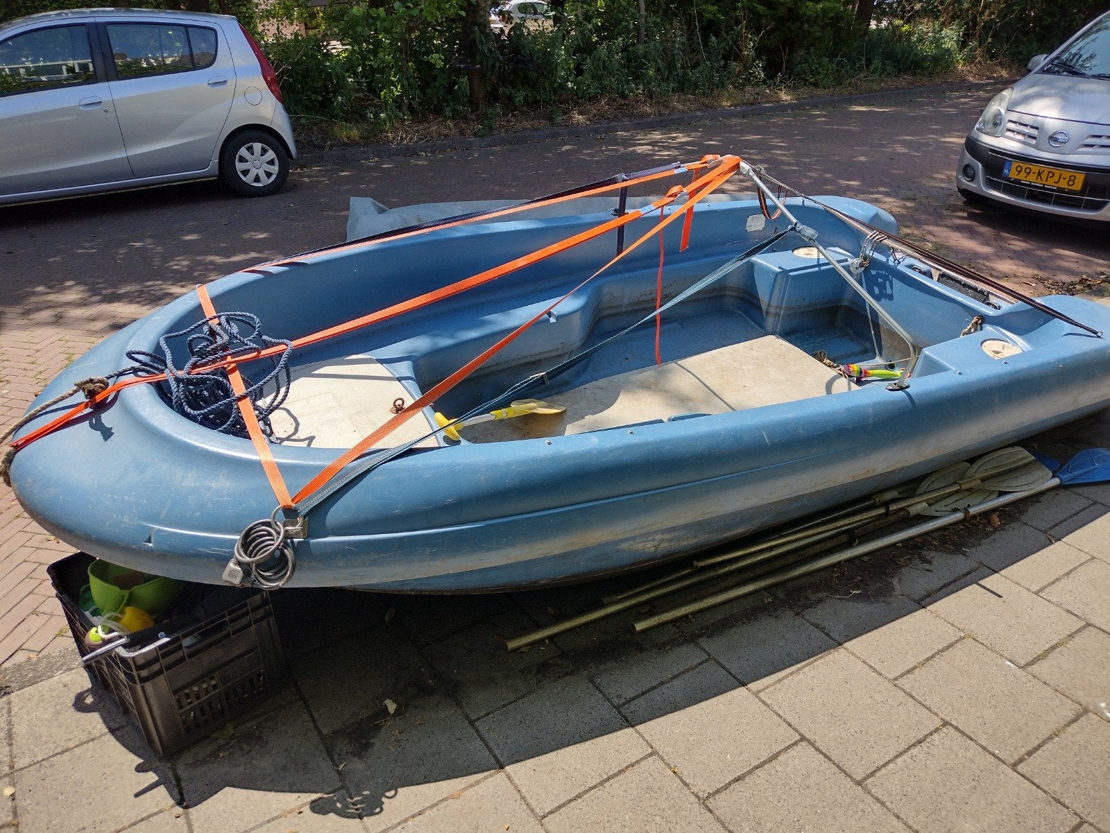 Rigiflex jeanneau polyester boot met 2 buitenboordmotoren, Gebruikt, Overige brandstoffen, Peddels, Ophalen