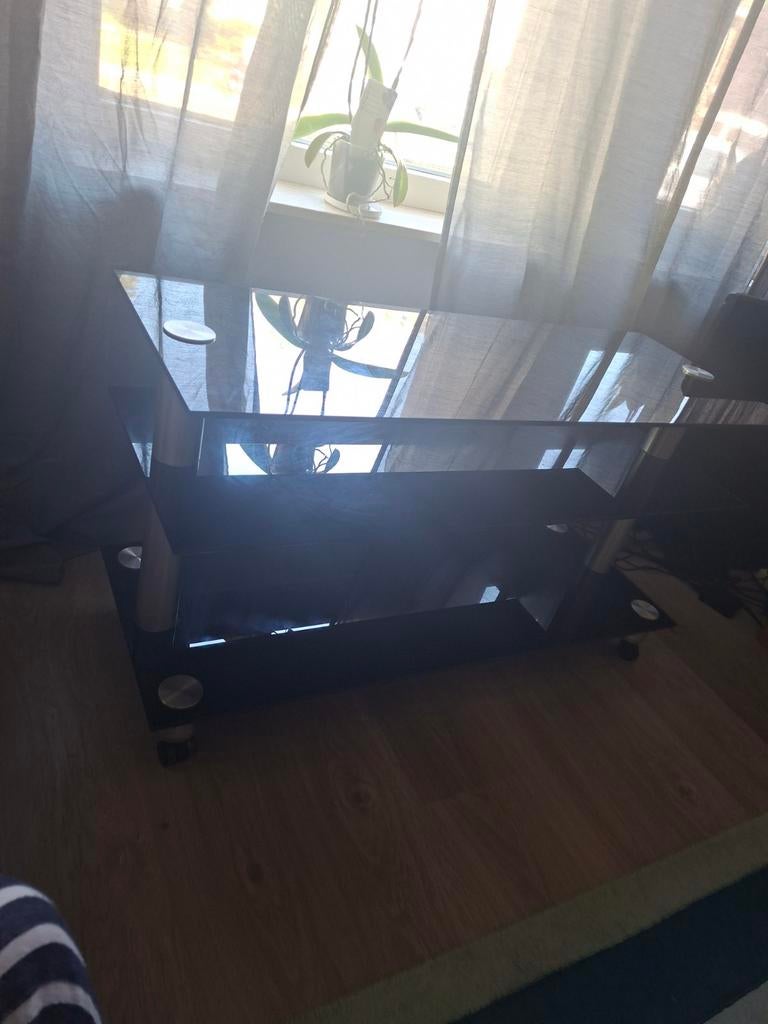 Moderne glazen TV kast - Zwart, Gebruikt, 100 tot 150 cm, Ophalen of Verzenden, Glas