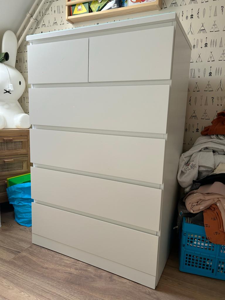 IKEA Malm ladekast wit met glasplaat, Ophalen, 5 laden of meer, 100 tot 150 cm, 50 tot 100 cm