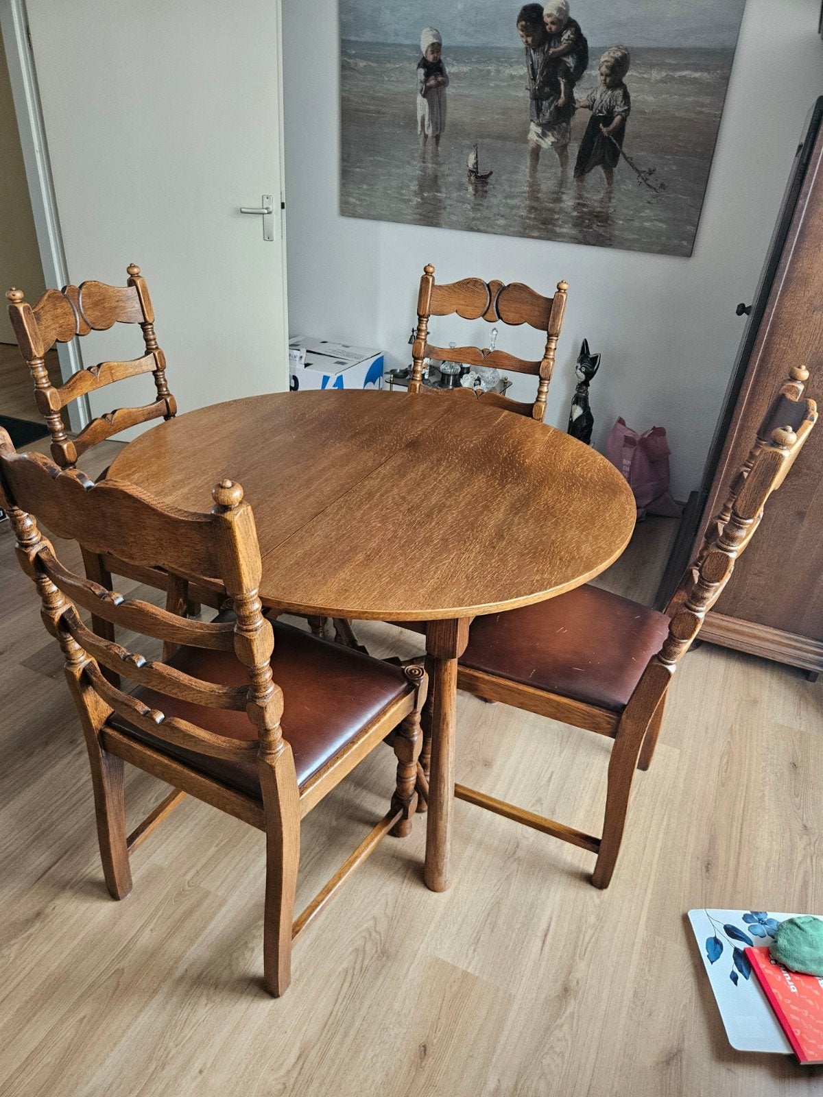Uitschuifbare eiken eethoek met Oudhollandse knopstoelen, Huis en Inrichting, Tafels | Eettafels, Gebruikt, Ophalen of Verzenden
