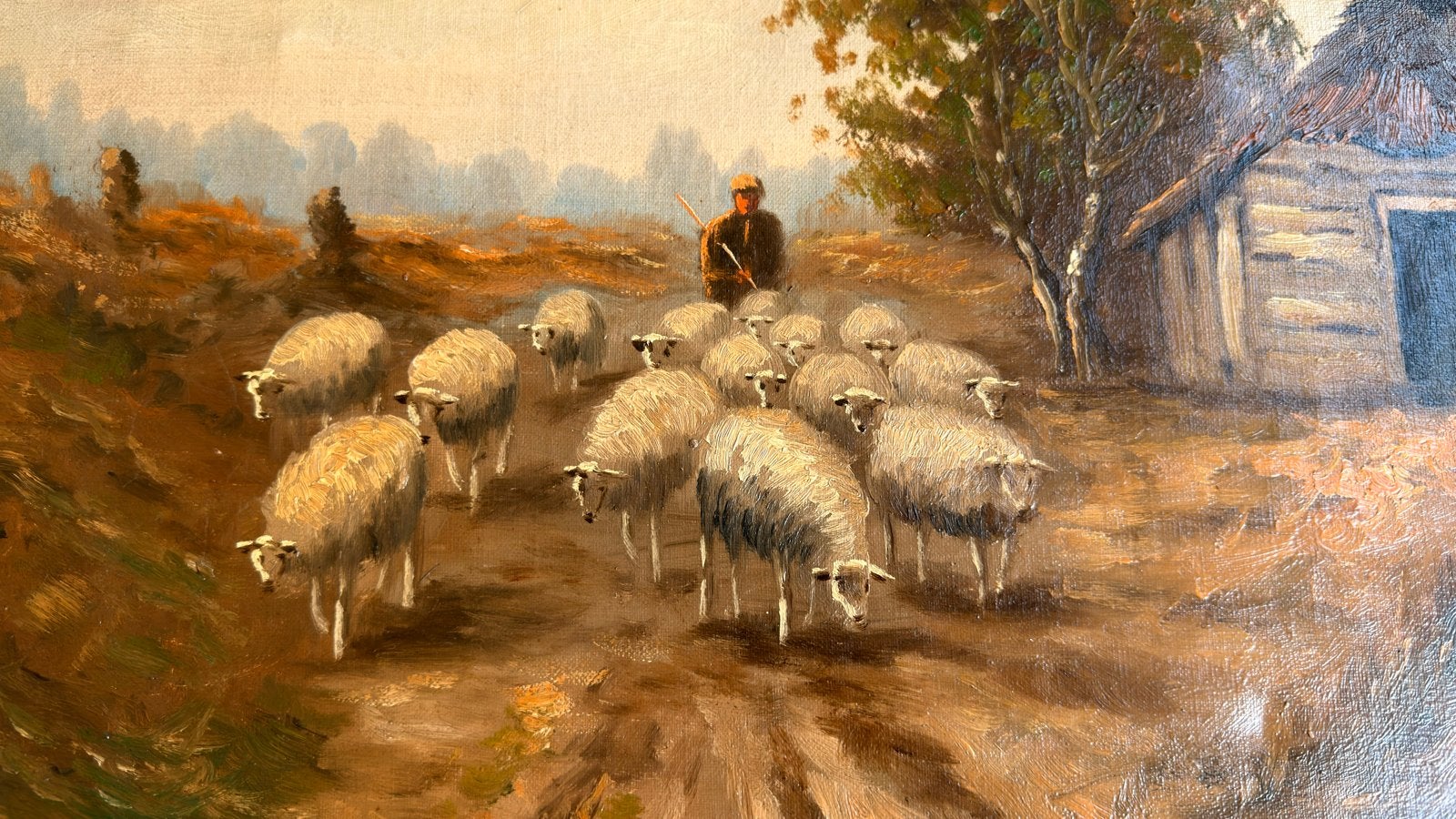 Authentiek olieverfschilderij "Herder met kudde", Ophalen of Verzenden