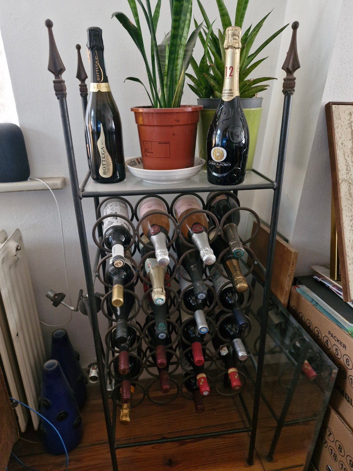 Smeedijzeren wijnrek met glazen bovenblad – Vintage look (vo, Ophalen, Gebruikt, 15 tot 25 flessen, 75 – 100