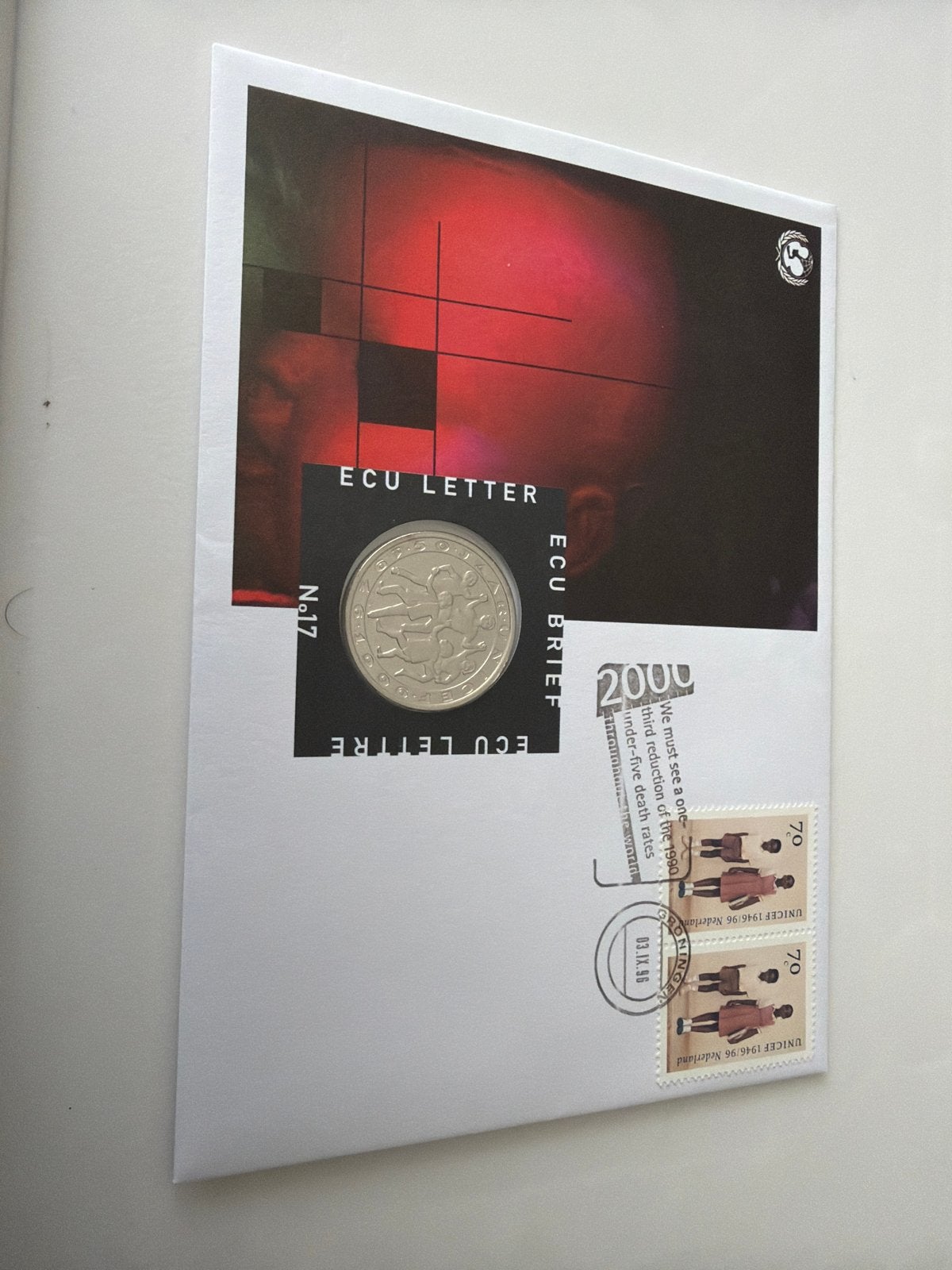 ECU Letter met UNICEF postzegels en munt, Postzegels en Munten, Verzenden