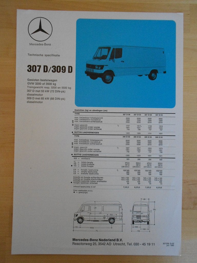 Mercedes 307 309 Specificatie Brochure 1983 BG 307D 309D, Zo goed als nieuw, Mercedes-Benz, Mercedes, Ophalen of Verzenden