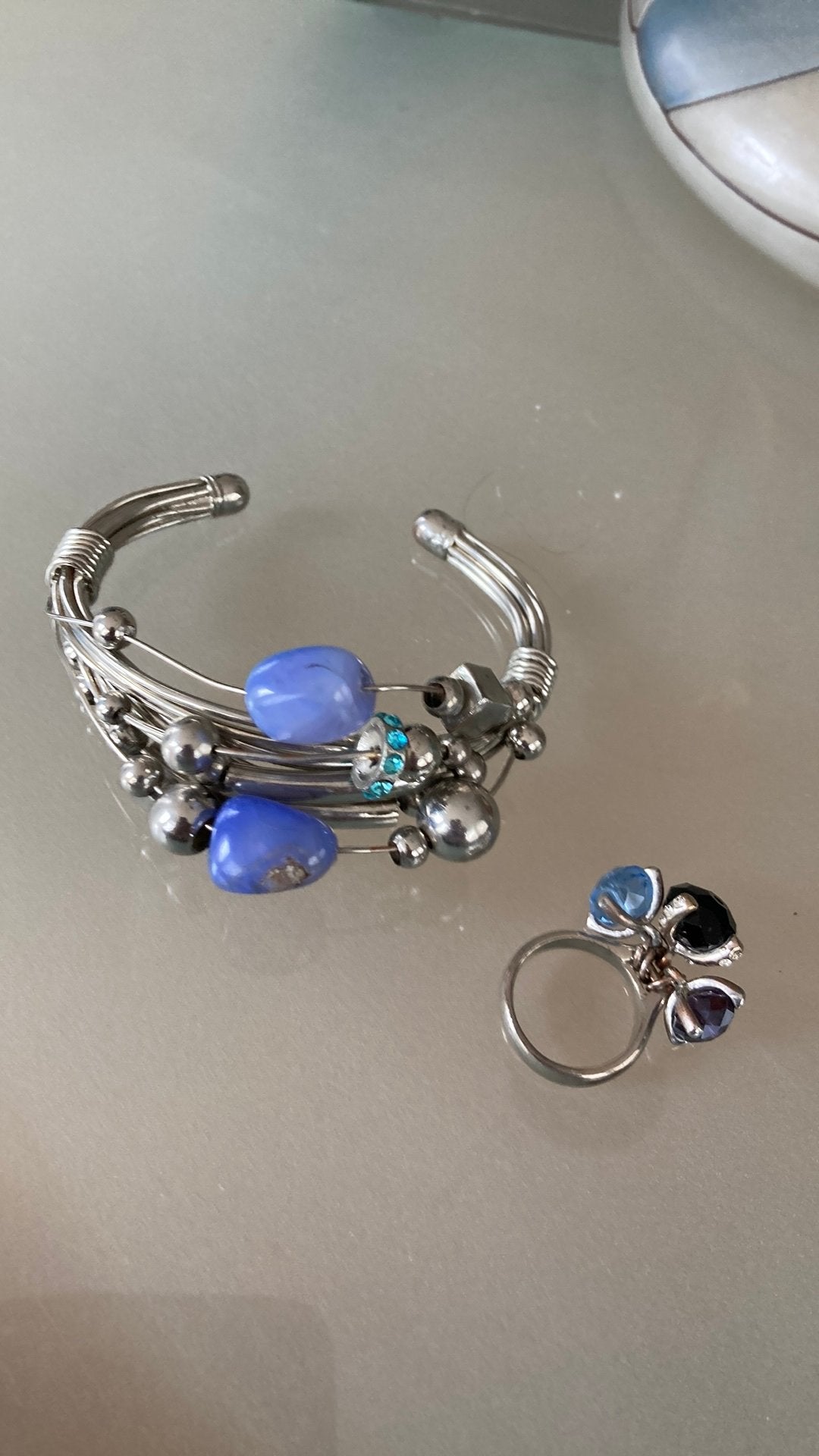 Dames armband staal met blauwe halfedelsteen plus ring 54, Ophalen of Verzenden, Zo goed als nieuw, Zilver, Staal